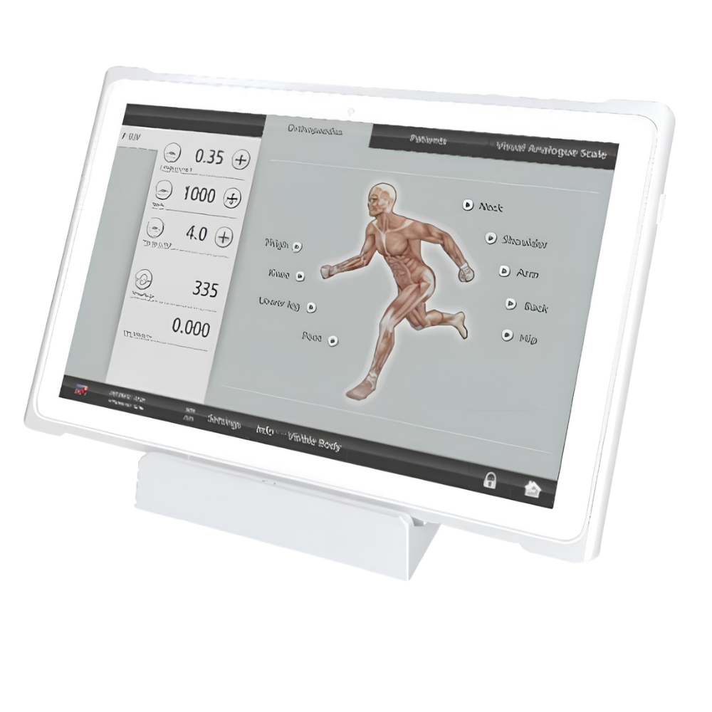Storz Medical Tablet 3 showing shockwave treatment interface with body diagram